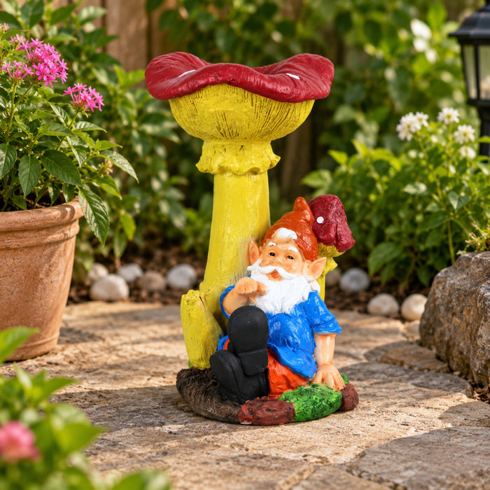 Garden Gnome Resting Under a Mushroom Bird Feeder – Whimsical Outdoor Lawn Decor