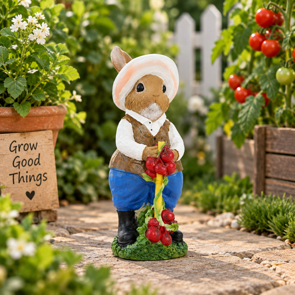 Charming Gardener Rabbit Figurine with Harvest – Decorative Bunny Statue