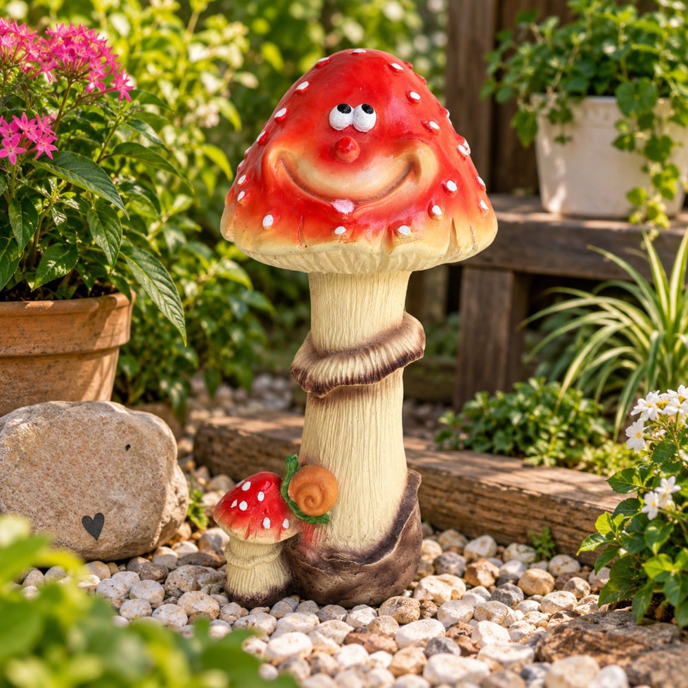 Whimsical Smiling Mushroom Garden Statue with Snail Accent – Outdoor Lawn Decor