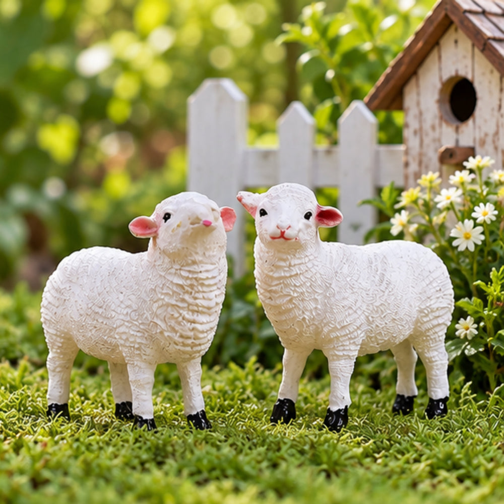 Cute Little White Sheep Figurines (Set of 2) – Resin Animal Statues for Home & Fairy Garden Decor