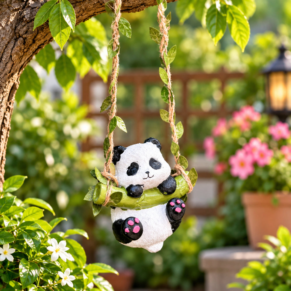 Adorable Mini  Hanging Panda on Bamboo Swing Figurine