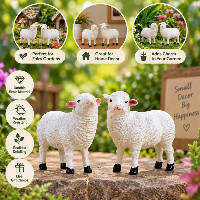 Cute Little White Sheep Figurines (Set of 2) – Resin Animal Statues for Home & Fairy Garden Decor