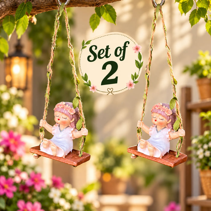 Set of 2 Mini Hanging Garden Fairy Statues – Whimsical Girl on Swing (White)