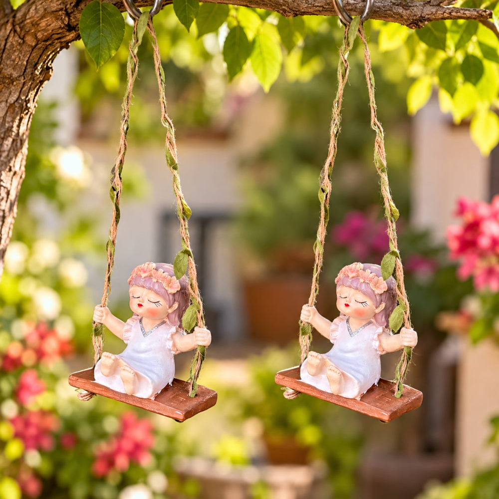 Set of 2 Mini Hanging Garden Fairy Statues – Whimsical Girl on Swing (White)