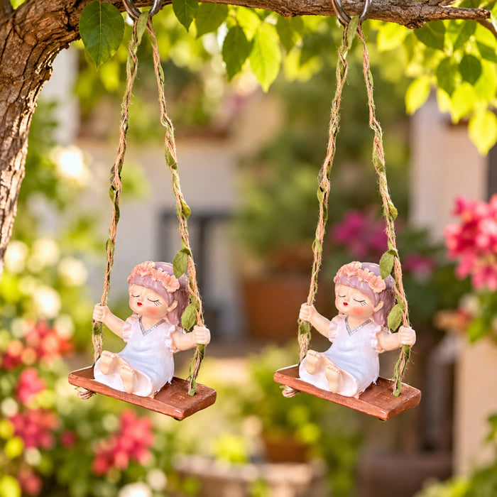 Set of 2 Mini Hanging Garden Fairy Statues – Whimsical Girl on Swing (White)