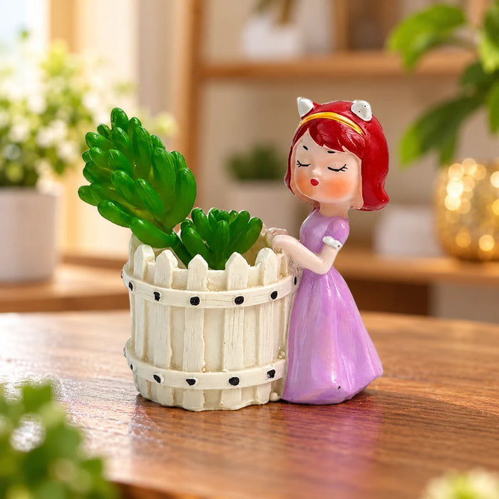 Cute Girl Figurine Mini Planter / Succulent Pot with Picket Fence Design Material - Resin