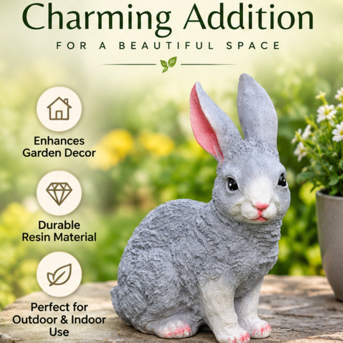 Resin Garden Decor Cute Sitting Rabbit Statue (Grey)