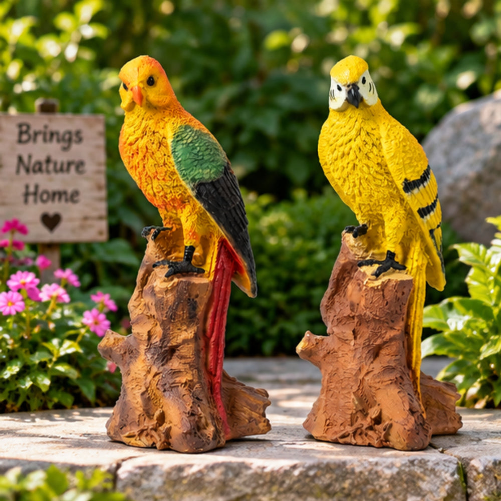 Resin Parrot Duo on Tree Stumps – Colorful Macaw Garden Ornaments (Set of 2)Yellow