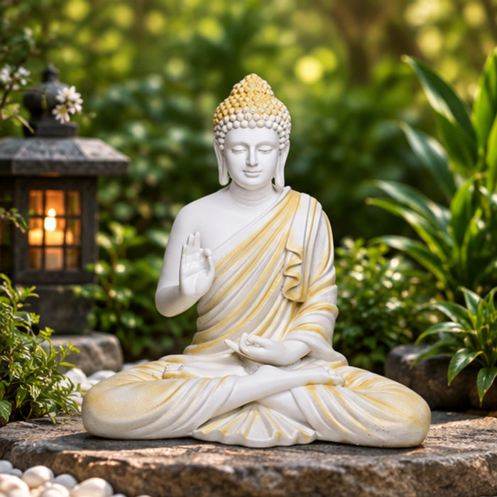 14 inches Ashirvad Avastha Buddha Resin Statue, (Beige) showpiece, Gift