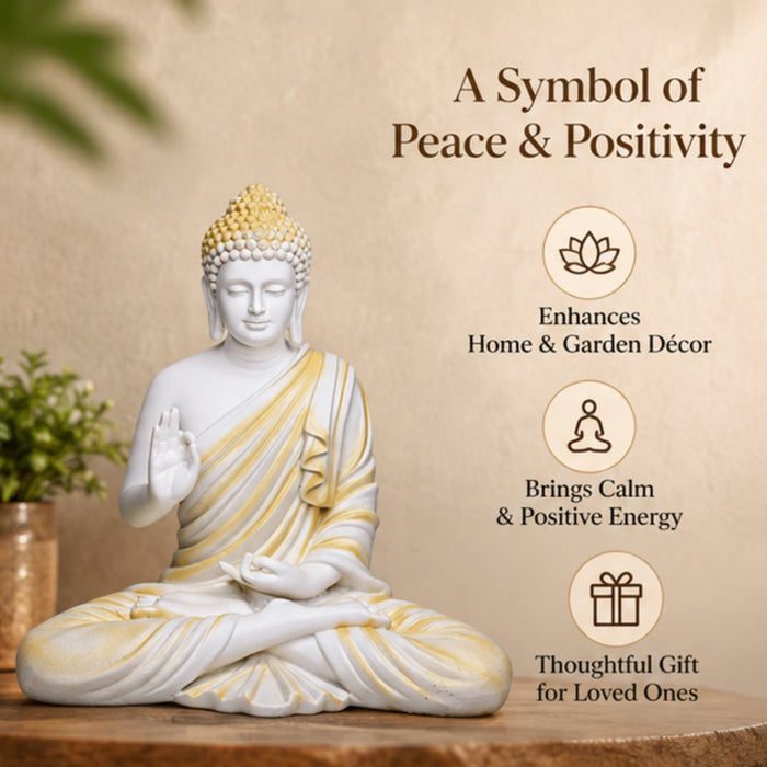 14 inches Ashirvad Avastha Buddha Resin Statue, (Beige) showpiece, Gift