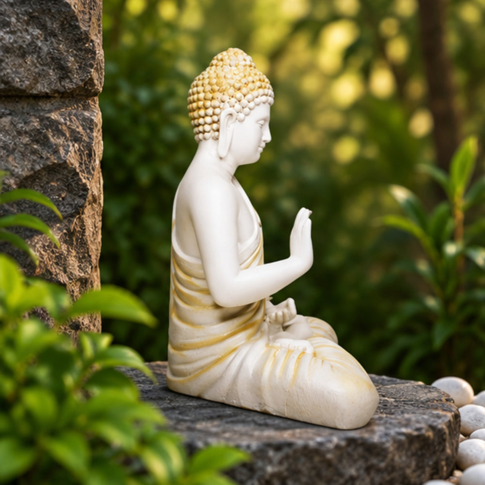 14 inches Ashirvad Avastha Buddha Resin Statue, (Beige) showpiece, Gift