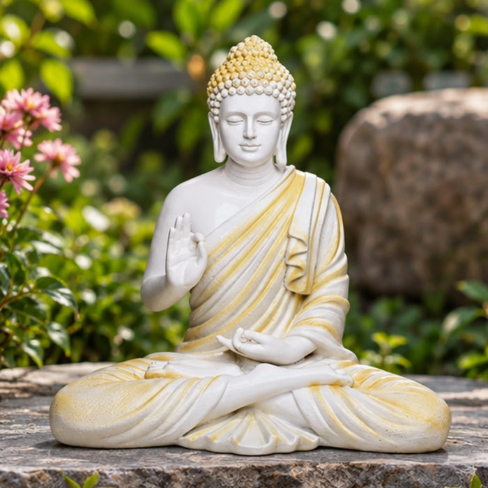 14 inches Ashirvad Avastha Buddha Resin Statue, (Beige) showpiece, Gift