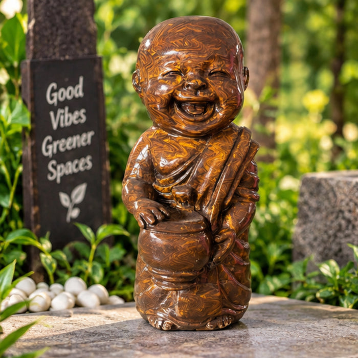Handcrafted 14-Inch Polished Eye Stone Laughing Monk Statue