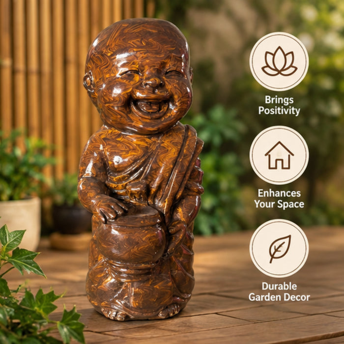 Handcrafted 14-Inch Polished Eye Stone Laughing Monk Statue