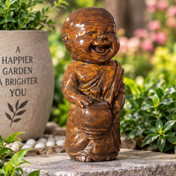 Handcrafted 14-Inch Polished Eye Stone Laughing Monk Statue