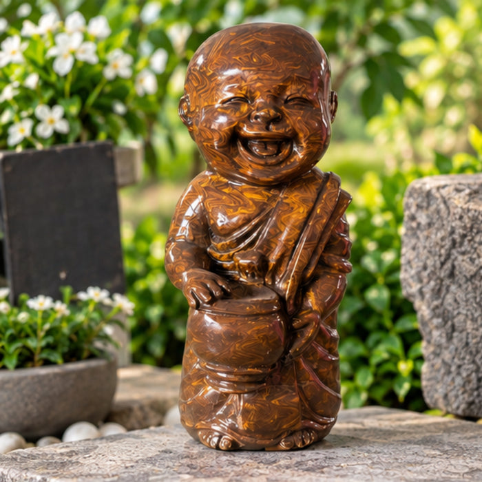 Handcrafted 14-Inch Polished Eye Stone Laughing Monk Statue