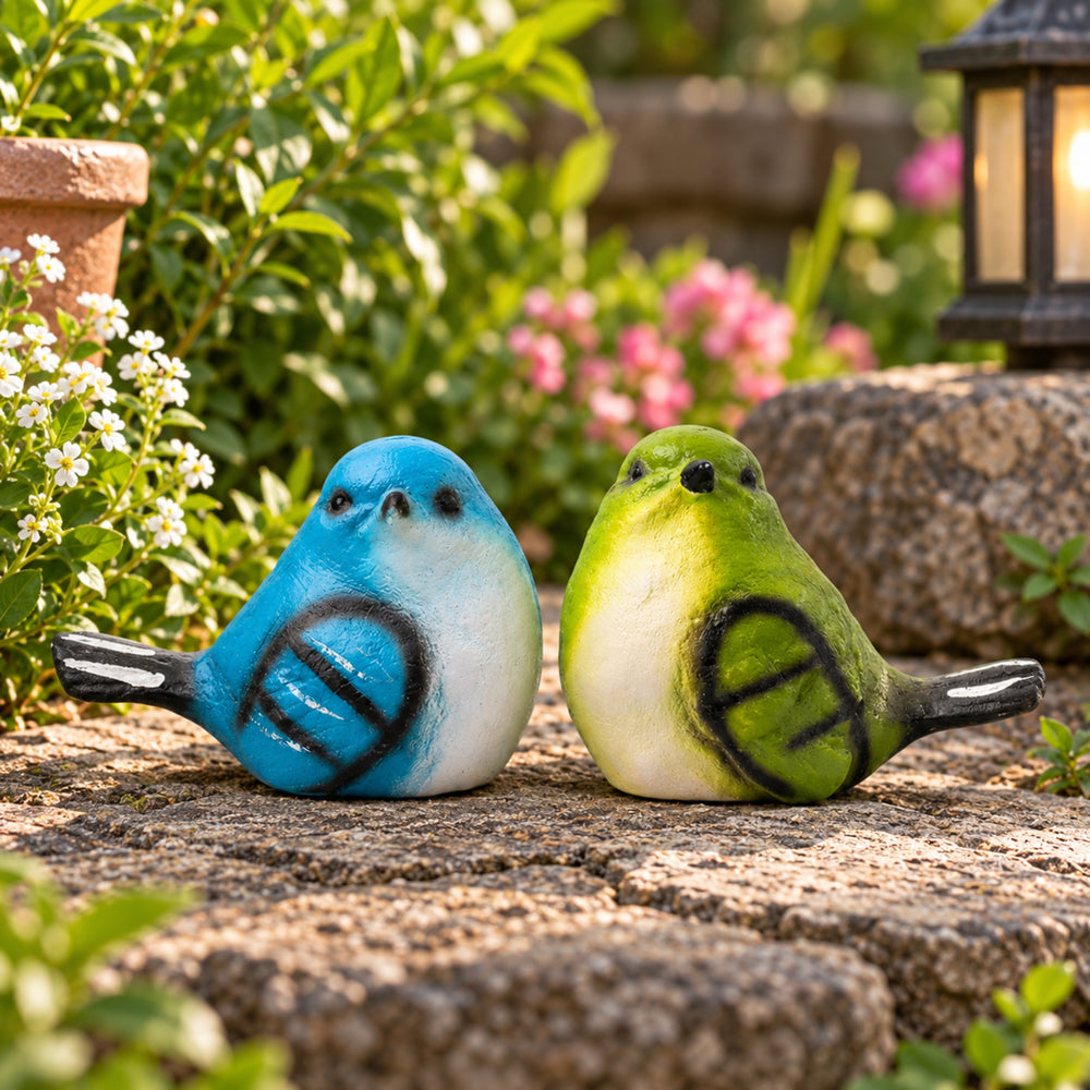 Set of 2 Decorative Hand-Painted Bird Figurines –Blue and Green