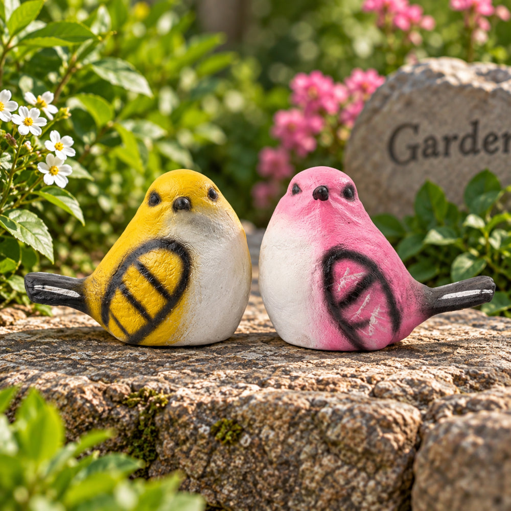 Set of 2 Decorative Hand-Painted Bird Figurines – Yellow and Pink