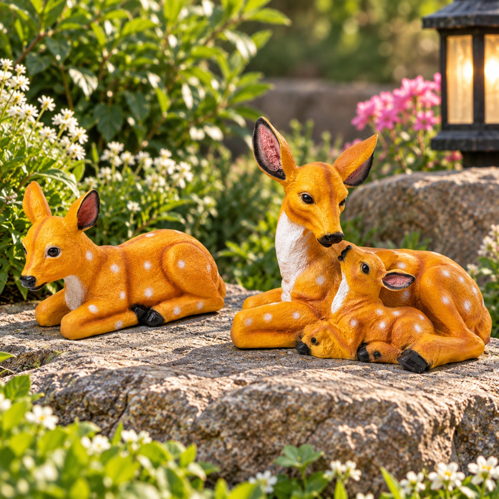 2-Piece  Sika Deer & Mother Baby Deer Garden Statue - Light Brown