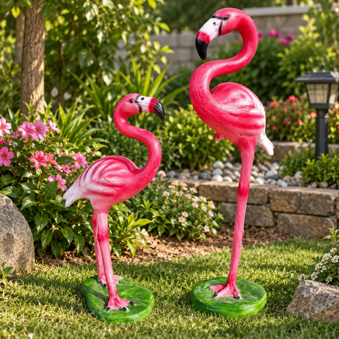 Set of 2 Pink Flamingo Garden Statues – Weather-Resistant Outdoor Resin Sculptures