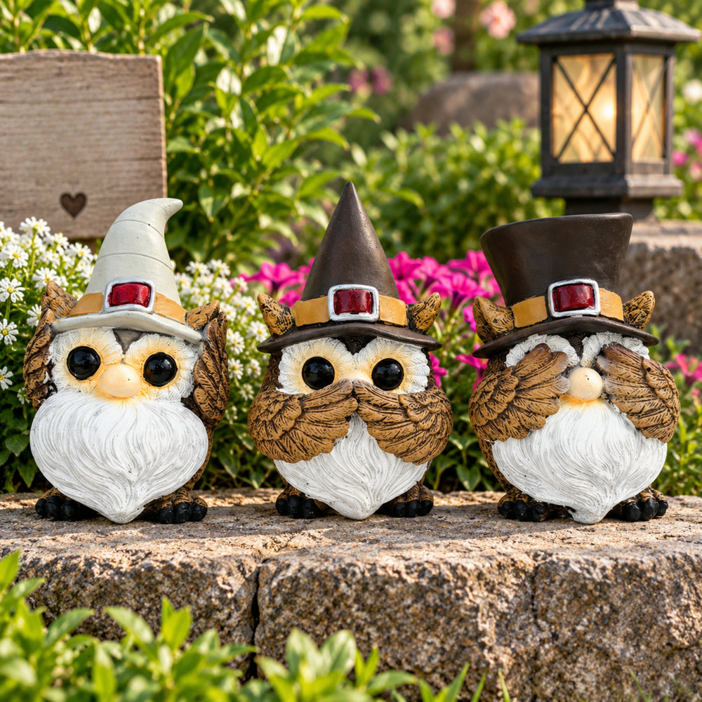 Set of 3 Whimsical Owl Gnome Figurine Set