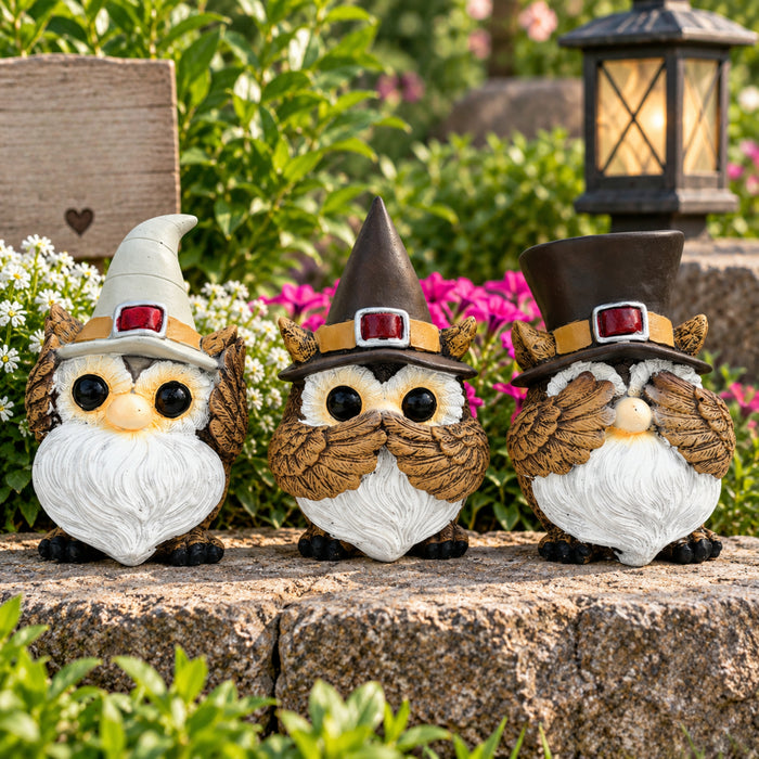 Set of 3 Whimsical Owl Gnome Figurine Set