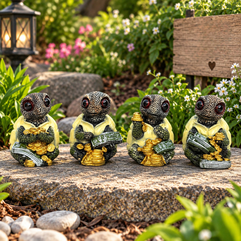 Wonderland Set of 4 Quirky "Wealth & Prosperity" Turtle Figurines – Detailed Lucky Money Tortoise Statues for Desk, Office, and Home Décor