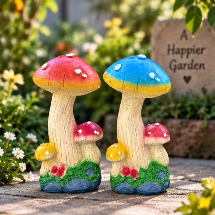 Vibrant Set of 2 Whimsical Mushroom Garden Statues