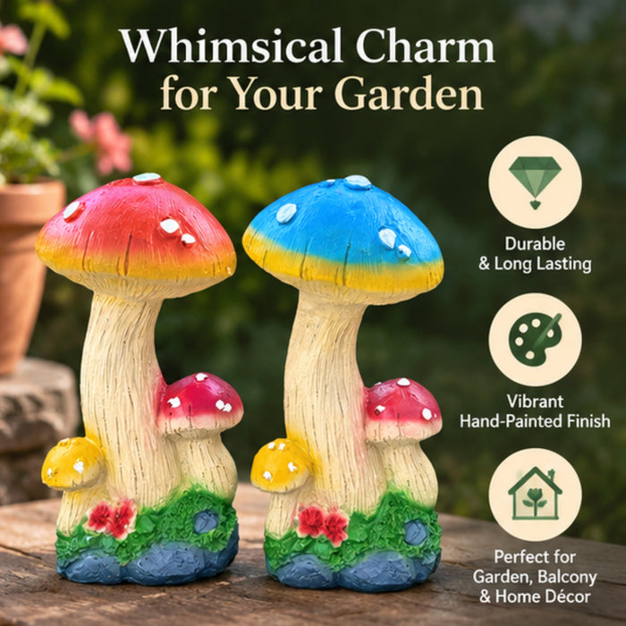 Vibrant Set of 2 Whimsical Mushroom Garden Statues