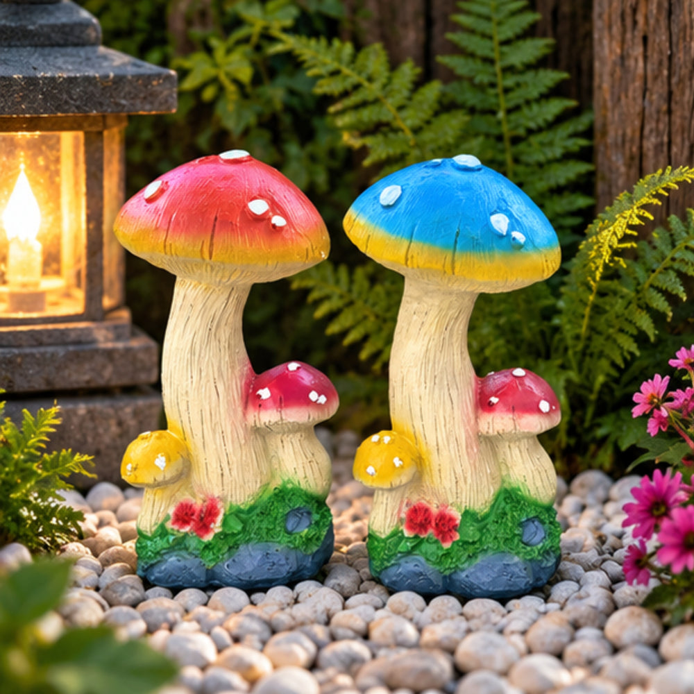 Vibrant Set of 2 Whimsical Mushroom Garden Statues