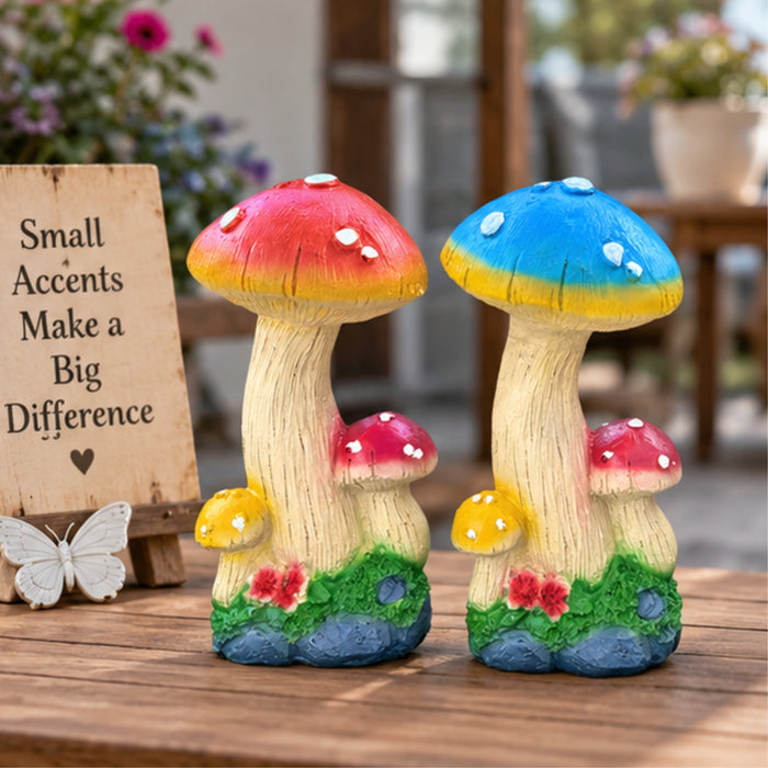 Vibrant Set of 2 Whimsical Mushroom Garden Statues