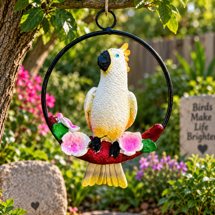 Elegant White Bird Figurine on Floral Branch Ring Parrot -