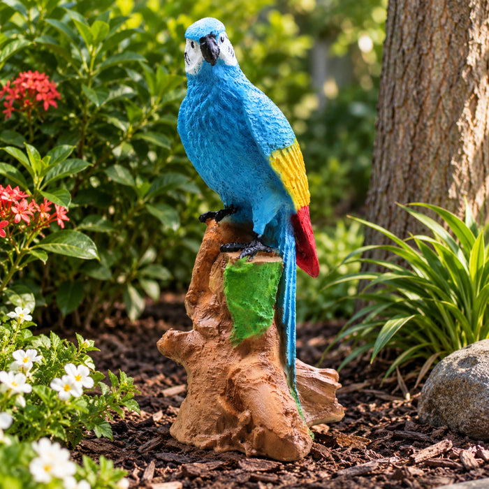 Vibrant Blue and Gold Macaw Parrot Garden Statue