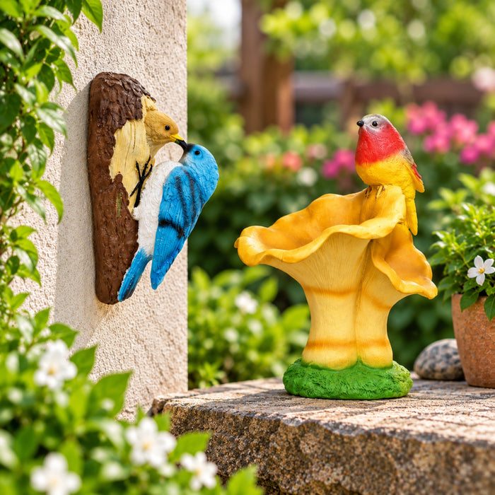 Set of 2 (Combo) Robin on Tree wall decoration and Bird Feeder statue