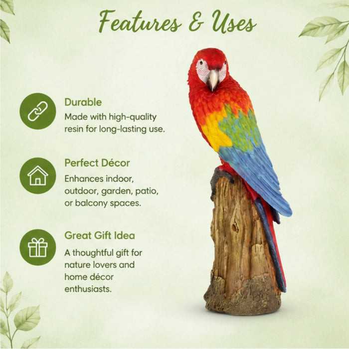 Scarlet Macaw/parrot sitting on tree statue | Height 18.5 Inches
