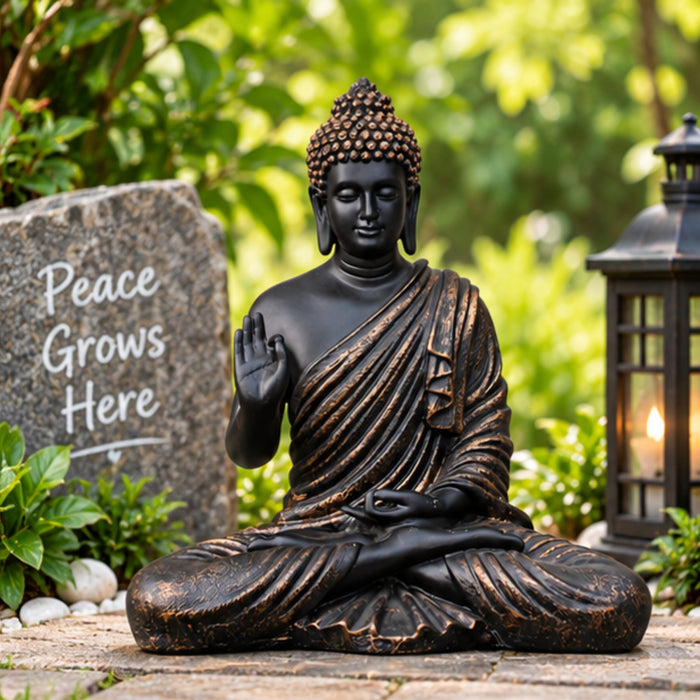 Resin 14'' Black Buddha (Aashirwad)