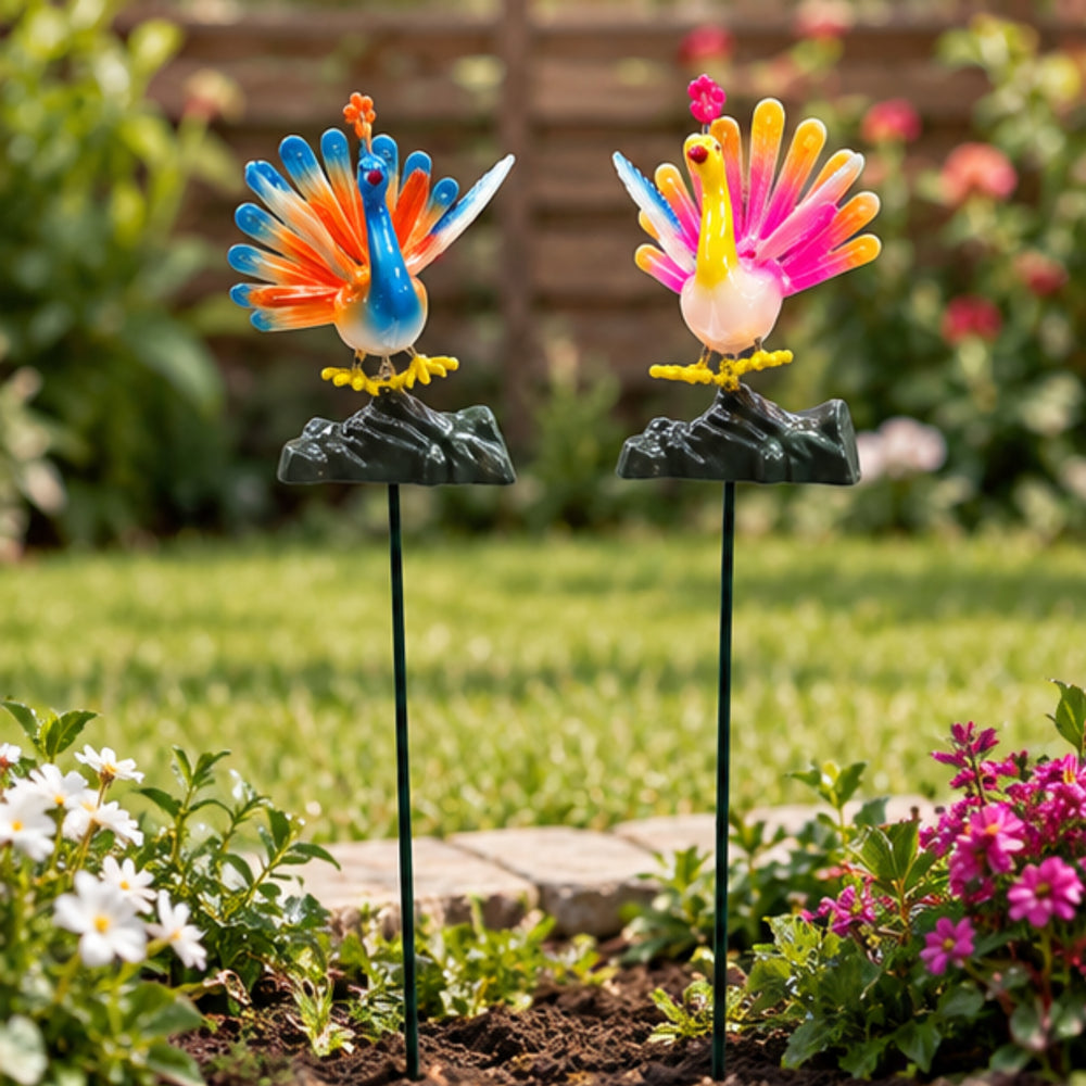 Decorative Peacock Garden Stakes (Set of 2) – Yellow & Green Fan-Tail Bird Sticks for Flower Beds, Pathways & Potted Plants