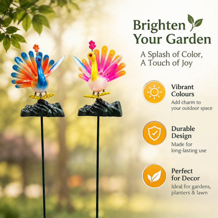 Decorative Peacock Garden Stakes (Set of 2) – Yellow & Green Fan-Tail Bird Sticks for Flower Beds, Pathways & Potted Plants