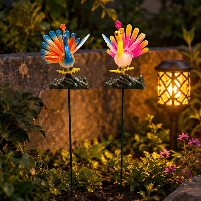 Decorative Peacock Garden Stakes (Set of 2) – Yellow & Green Fan-Tail Bird Sticks for Flower Beds, Pathways & Potted Plants
