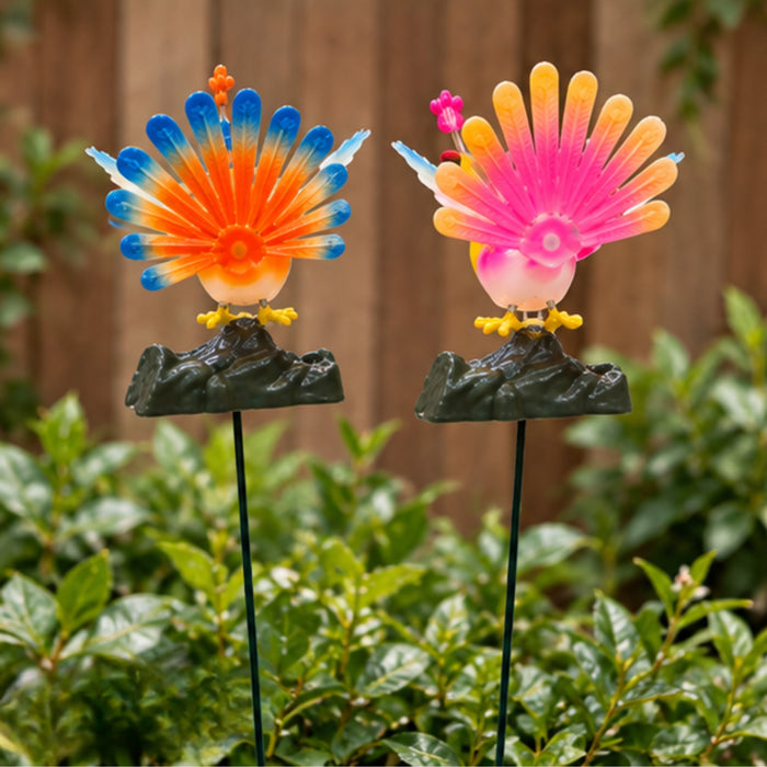 Decorative Peacock Garden Stakes (Set of 2) – Yellow & Green Fan-Tail Bird Sticks for Flower Beds, Pathways & Potted Plants