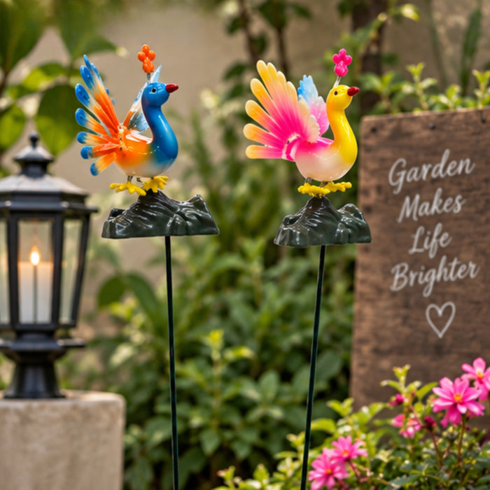 Decorative Peacock Garden Stakes (Set of 2) – Yellow & Green Fan-Tail Bird Sticks for Flower Beds, Pathways & Potted Plants