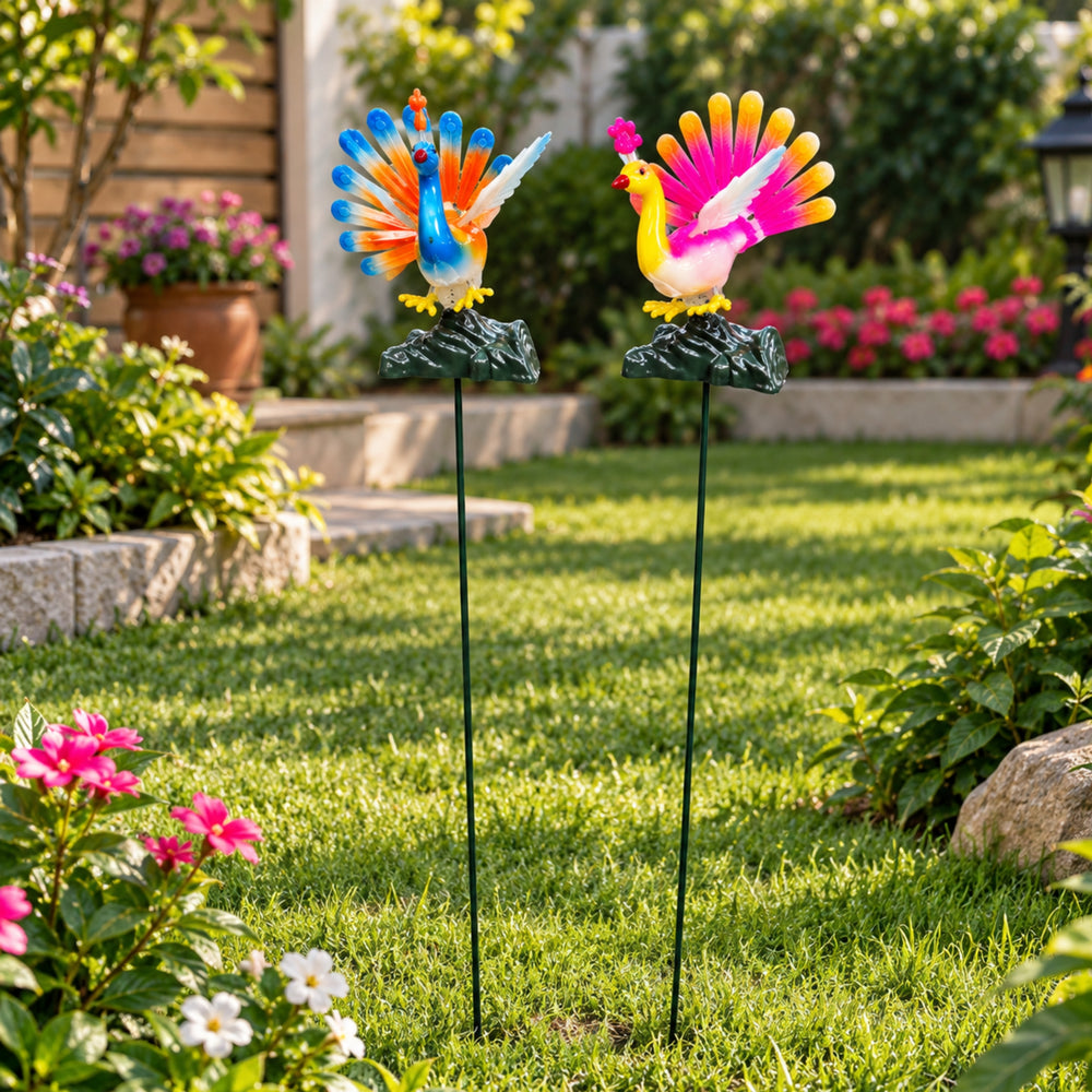 Decorative Peacock Garden Stakes (Set of 2) – Yellow & Green Fan-Tail Bird Sticks for Flower Beds, Pathways & Potted Plants