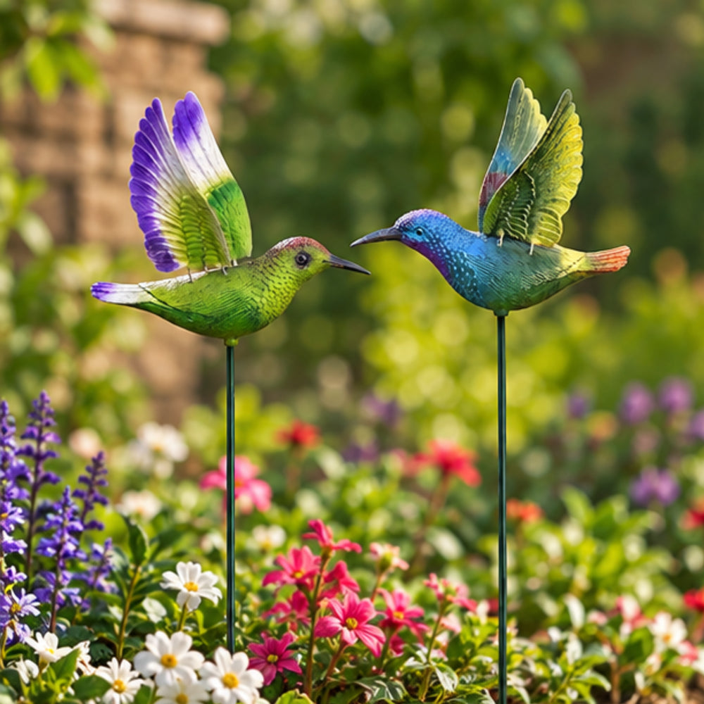 Vibrant Hummingbird Garden Stakes (Set of 2) – Green & Blue Flying Bird Sticks for Flower Beds, Lawn Borders & Potted Plants