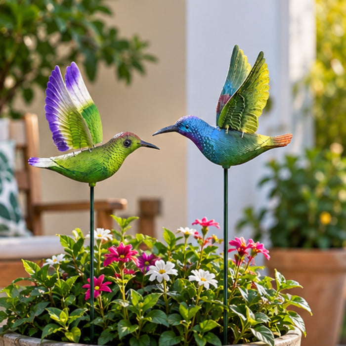 Vibrant Hummingbird Garden Stakes (Set of 2) – Green & Blue Flying Bird Sticks for Flower Beds, Lawn Borders & Potted Plants