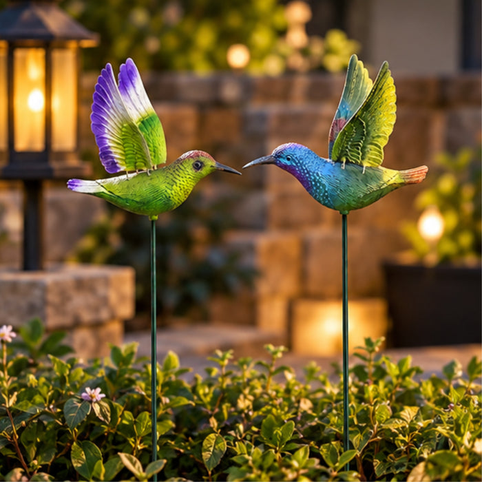 Vibrant Hummingbird Garden Stakes (Set of 2) – Green & Blue Flying Bird Sticks for Flower Beds, Lawn Borders & Potted Plants