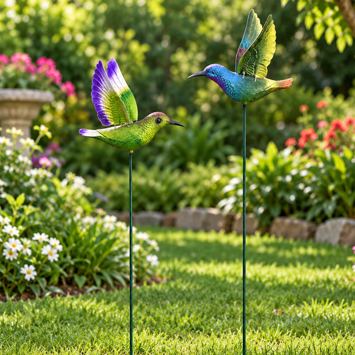 Vibrant Hummingbird Garden Stakes (Set of 2) – Green & Blue Flying Bird Sticks for Flower Beds, Lawn Borders & Potted Plants