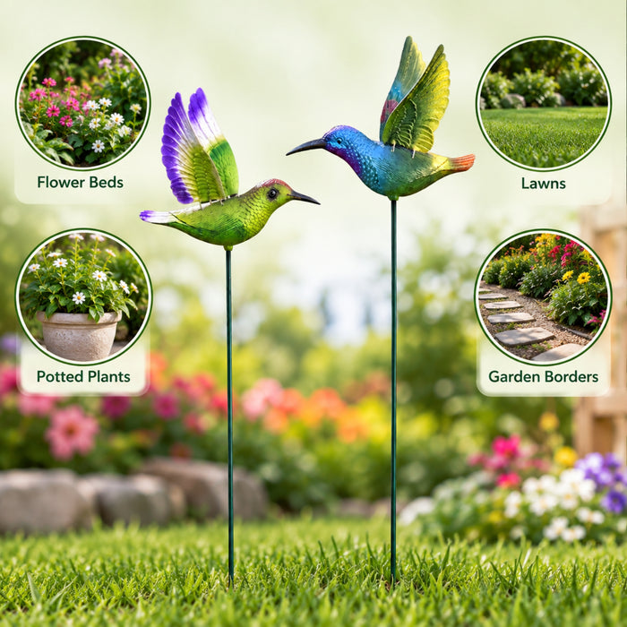 Vibrant Hummingbird Garden Stakes (Set of 2) – Green & Blue Flying Bird Sticks for Flower Beds, Lawn Borders & Potted Plants