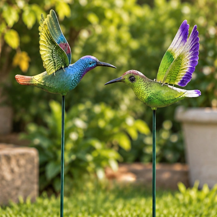Vibrant Hummingbird Garden Stakes (Set of 2) – Green & Blue Flying Bird Sticks for Flower Beds, Lawn Borders & Potted Plants