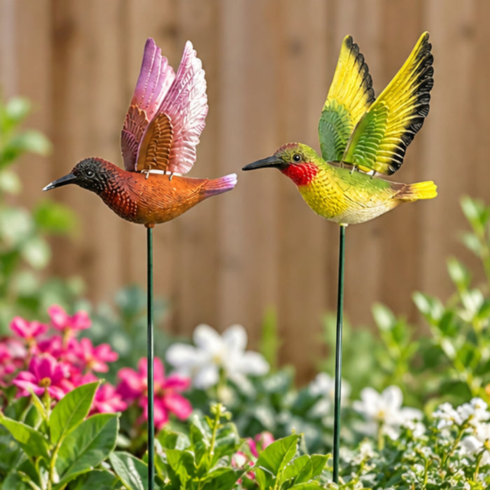 Vibrant Hummingbird Garden Stakes (Set of 2) – Red & Yellow Flying Bird Sticks for Garden Beds, Flower Boxes & Lawn Arrangements