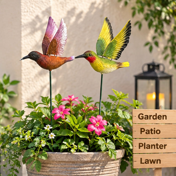 Vibrant Hummingbird Garden Stakes (Set of 2) – Red & Yellow Flying Bird Sticks for Garden Beds, Flower Boxes & Lawn Arrangements